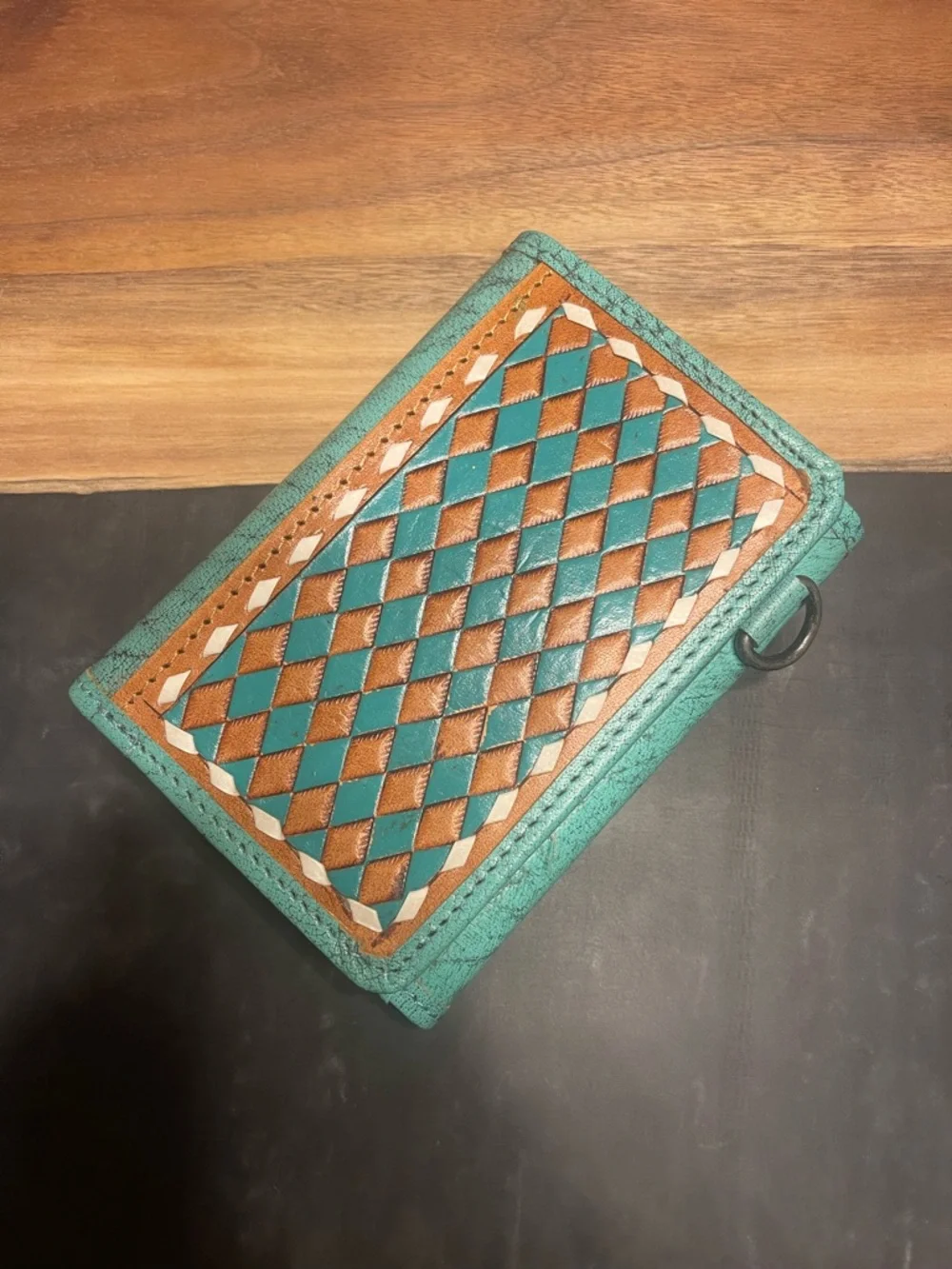 Woven Turquoise and Tan Leather Card Wallet